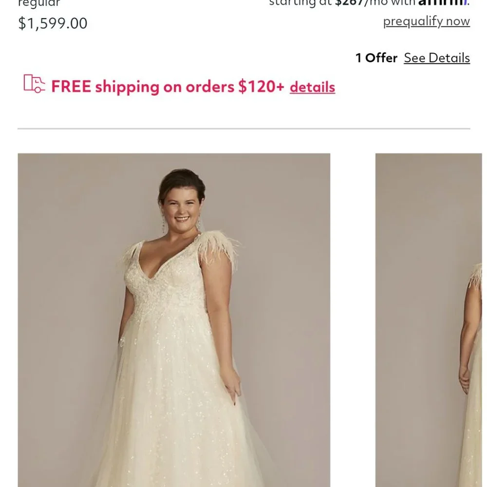 floral sequin feathered wedding dress Galina Signature size 18w - Picture 2 of 9